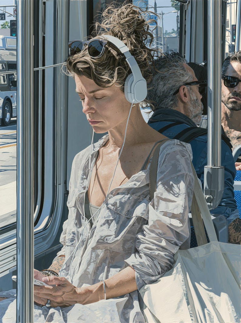 May include: A person with curly brown hair in a messy bun wears white over-ear headphones and dark sunglasses on their head. They are dressed in a light gray, semi-sheer button-down shirt over a dark top, carrying a large white canvas tote bag.