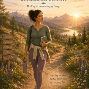 May include: A poster titled Session 10 Daily Habits and a Sustainable Practice featuring a person walking on a trail with a book and water bottle. A wooden sign points to Breathe, Move Gently, Nourish, Rest, and Trust Your Body near a mountain lake.