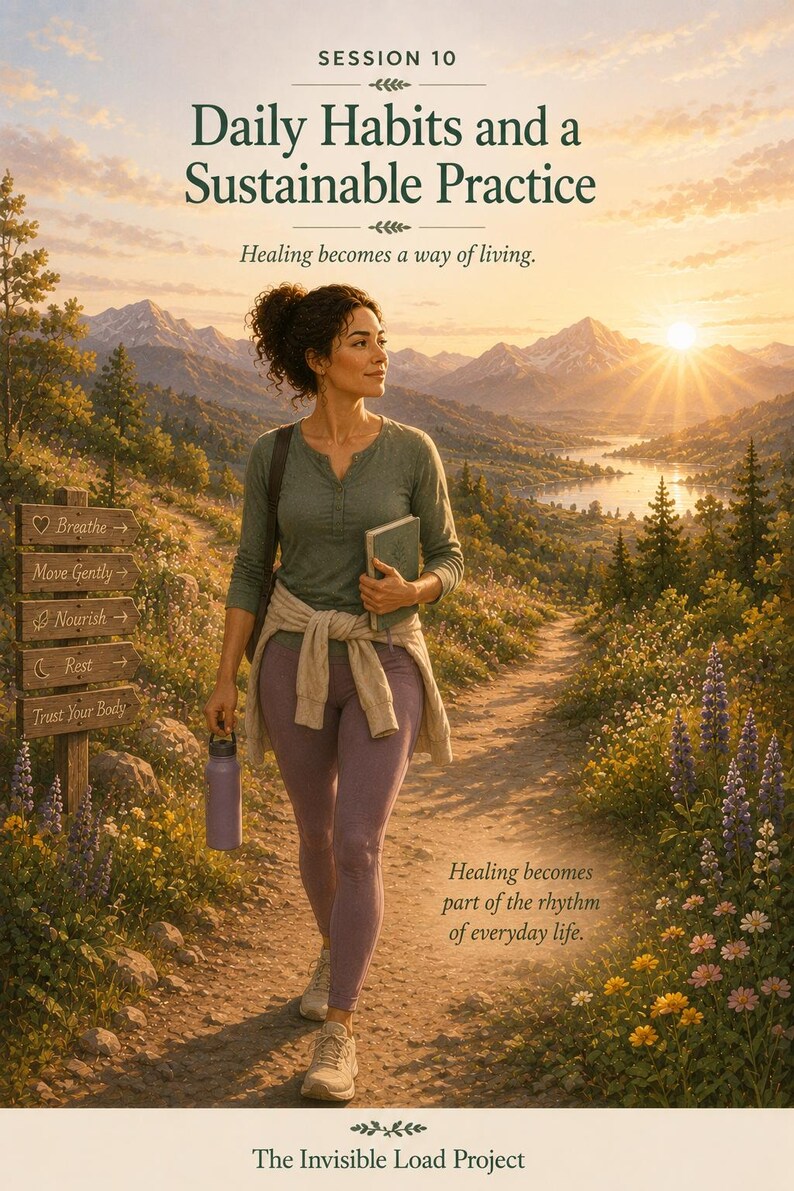 May include: A poster titled Session 10 Daily Habits and a Sustainable Practice featuring a person walking on a trail with a book and water bottle. A wooden sign points to Breathe, Move Gently, Nourish, Rest, and Trust Your Body near a mountain lake.