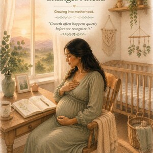 Puede incluir: Una ilustraci&oacute;n digital de una persona embarazada con un vestido verde salvia sentada en un escritorio de madera. El texto dice: SESSION 2 Understanding the Changes Ahead, Growing into motherhood. Growth often happens quietly before we recognize it. The Invisible Load Project.