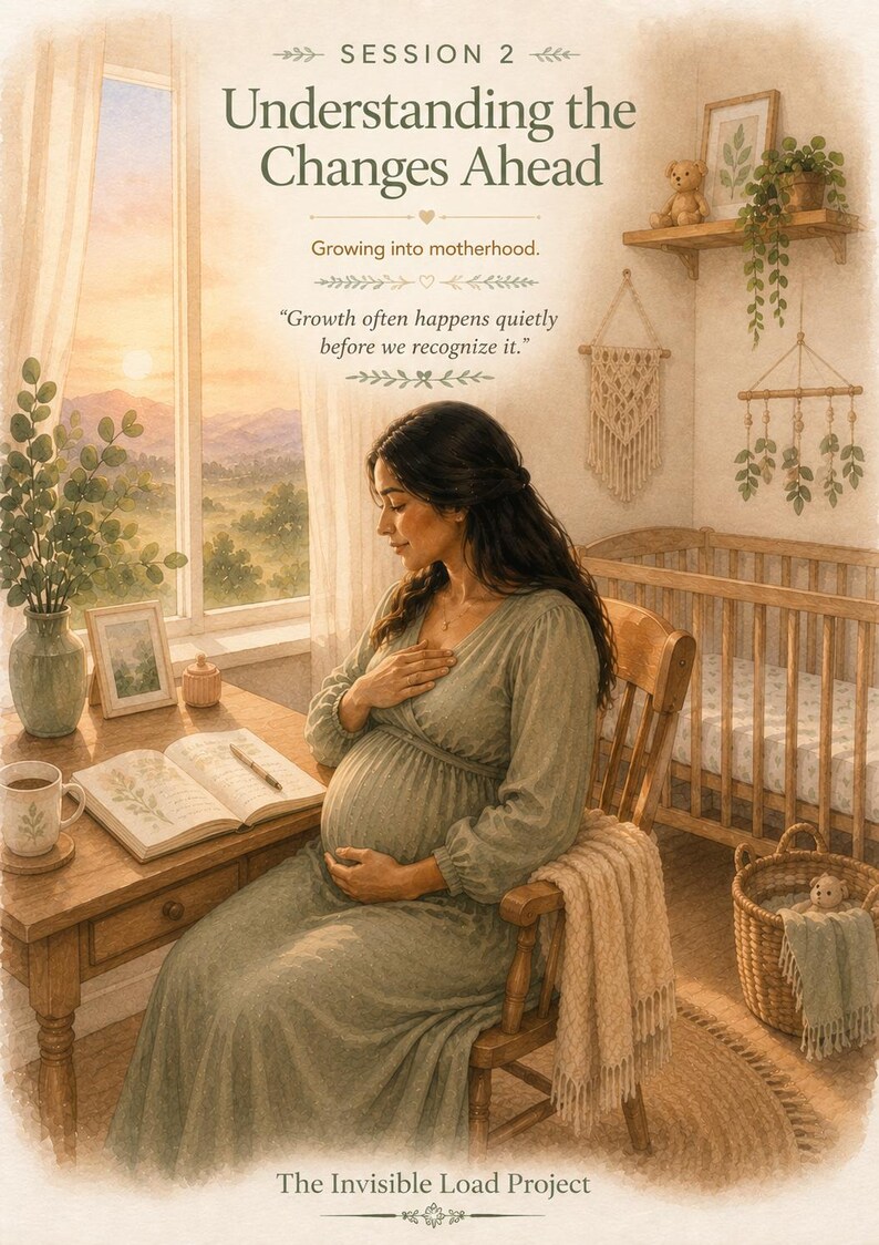 Puede incluir: Una ilustraci&oacute;n digital de una persona embarazada con un vestido verde salvia sentada en un escritorio de madera. El texto dice: SESSION 2 Understanding the Changes Ahead, Growing into motherhood. Growth often happens quietly before we recognize it. The Invisible Load Project.