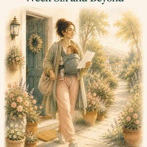 May include: A watercolor-style illustration titled Session 10 Week Six and Beyond The Invisible Load Project. It depicts a person wearing a long cardigan, pink joggers, and sneakers, carrying a baby in a carrier and holding a paper document.