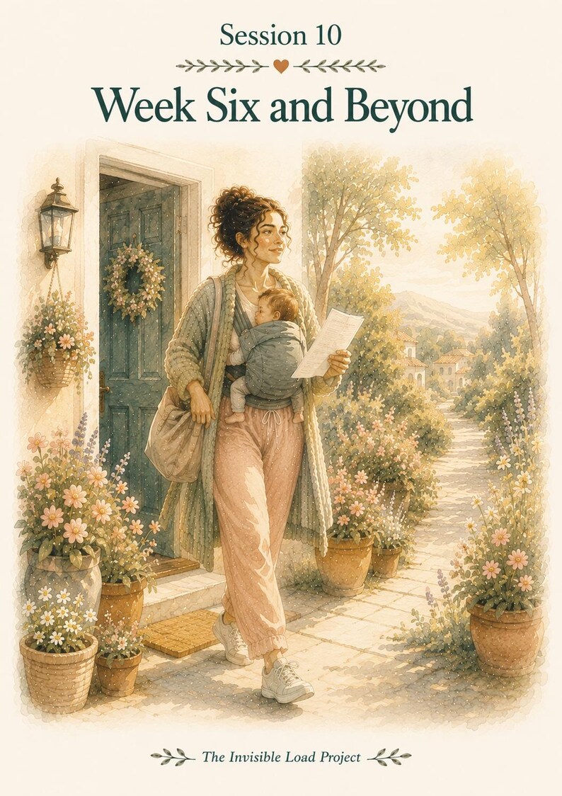 May include: A watercolor-style illustration titled Session 10 Week Six and Beyond The Invisible Load Project. It depicts a person wearing a long cardigan, pink joggers, and sneakers, carrying a baby in a carrier and holding a paper document.
