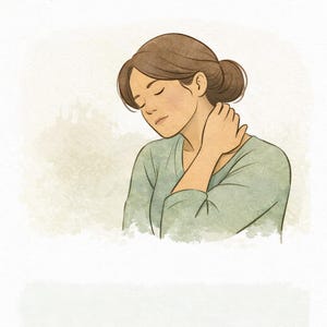May include: A digital illustration featuring the text Day 3: When the Body Carries the Weight. A person with brown hair in a bun wears a light green shirt and touches the back of their neck with one hand while keeping their eyes closed.