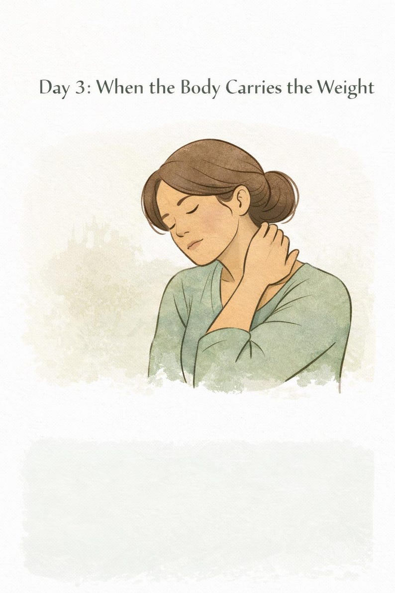 May include: A digital illustration featuring the text Day 3: When the Body Carries the Weight. A person with brown hair in a bun wears a light green shirt and touches the back of their neck with one hand while keeping their eyes closed.