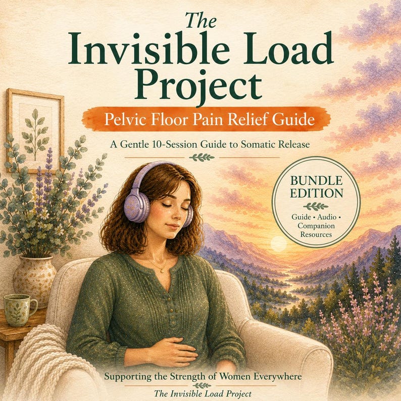 May include: A book cover titled The Invisible Load Project Pelvic Floor Pain Relief Guide, A Gentle 10-Session Guide to Somatic Release. It features an illustration of a person with brown hair wearing purple headphones, sitting in a chair.