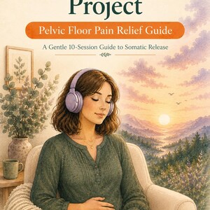 May include: A book cover titled The Invisible Load Project: Pelvic Floor Pain Relief Guide, A Gentle 10-Session Guide to Somatic Release. It features an illustration of a person wearing purple headphones, sitting in a chair, with a sunset landscape.