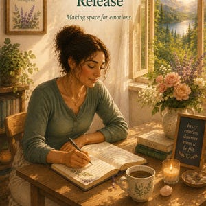 May include: A person writing in a journal at a wooden table with a mug, a candle, and a vase of flowers. Text reads: SESSION 9 Emotional Release, Making space for emotions, I feel. I release. I make space for what wants to move through me, Every emotion deserves room to be felt, The Invisible Load Project.