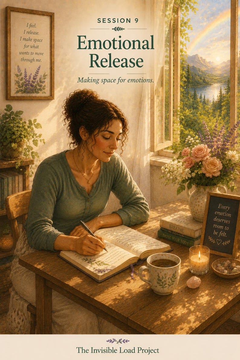 May include: A person writing in a journal at a wooden table with a mug, a candle, and a vase of flowers. Text reads: SESSION 9 Emotional Release, Making space for emotions, I feel. I release. I make space for what wants to move through me, Every emotion deserves room to be felt, The Invisible Load Project.