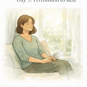 Peut inclure: Une illustration &agrave; l'aquarelle avec le texte Day 5: Permission to Rest. Une personne aux cheveux bruns mi-longs est assise les yeux ferm&eacute;s, portant un haut &agrave; manches longues vert sauge &agrave; col en V et un pantalon sombre sur un coussin pr&egrave;s d'une fen&ecirc;tre.