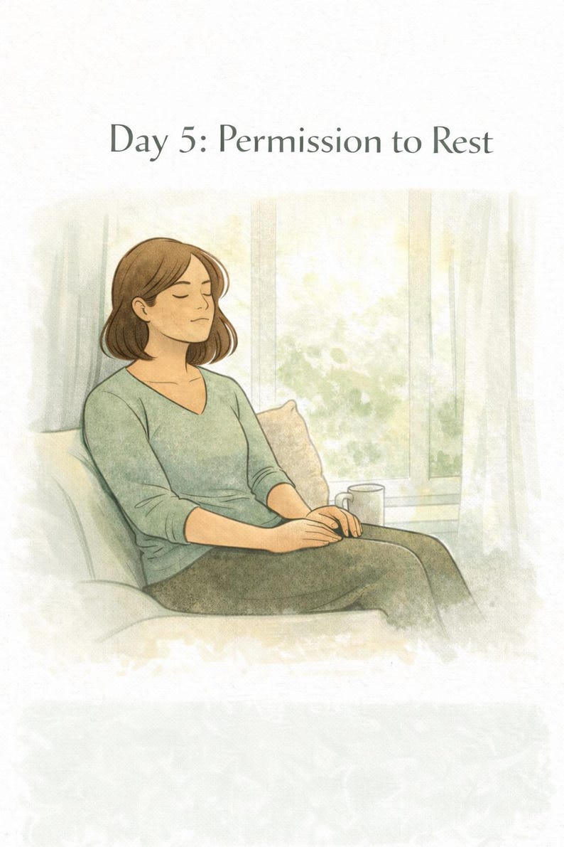 Peut inclure: Une illustration &agrave; l'aquarelle avec le texte Day 5: Permission to Rest. Une personne aux cheveux bruns mi-longs est assise les yeux ferm&eacute;s, portant un haut &agrave; manches longues vert sauge &agrave; col en V et un pantalon sombre sur un coussin pr&egrave;s d'une fen&ecirc;tre.