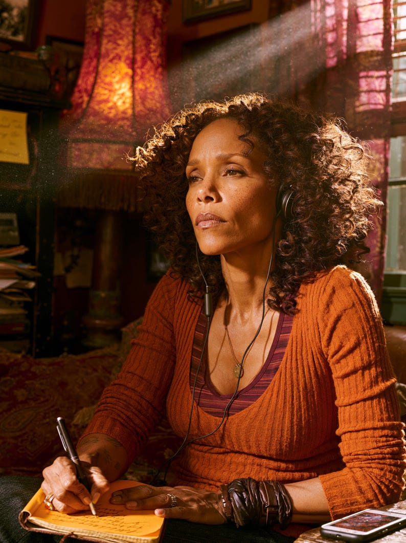 May include: A person with curly hair wears a ribbed orange long-sleeve shirt and a dark striped tank top. They have black wired headphones around their neck, a pendant necklace, and stacked bracelets. They are writing in a yellow notebook with a pen.
