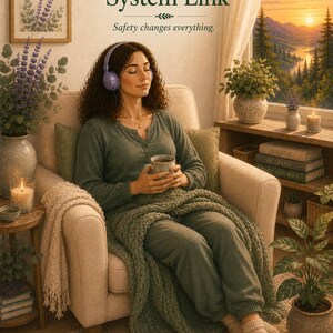 May include: A person sits in a beige armchair wearing a green long-sleeve shirt, matching pants, and beige socks, covered by a chunky knit green blanket. They wear purple headphones and hold a mug. Text reads: SESSION 5 The Nervous System Link.
