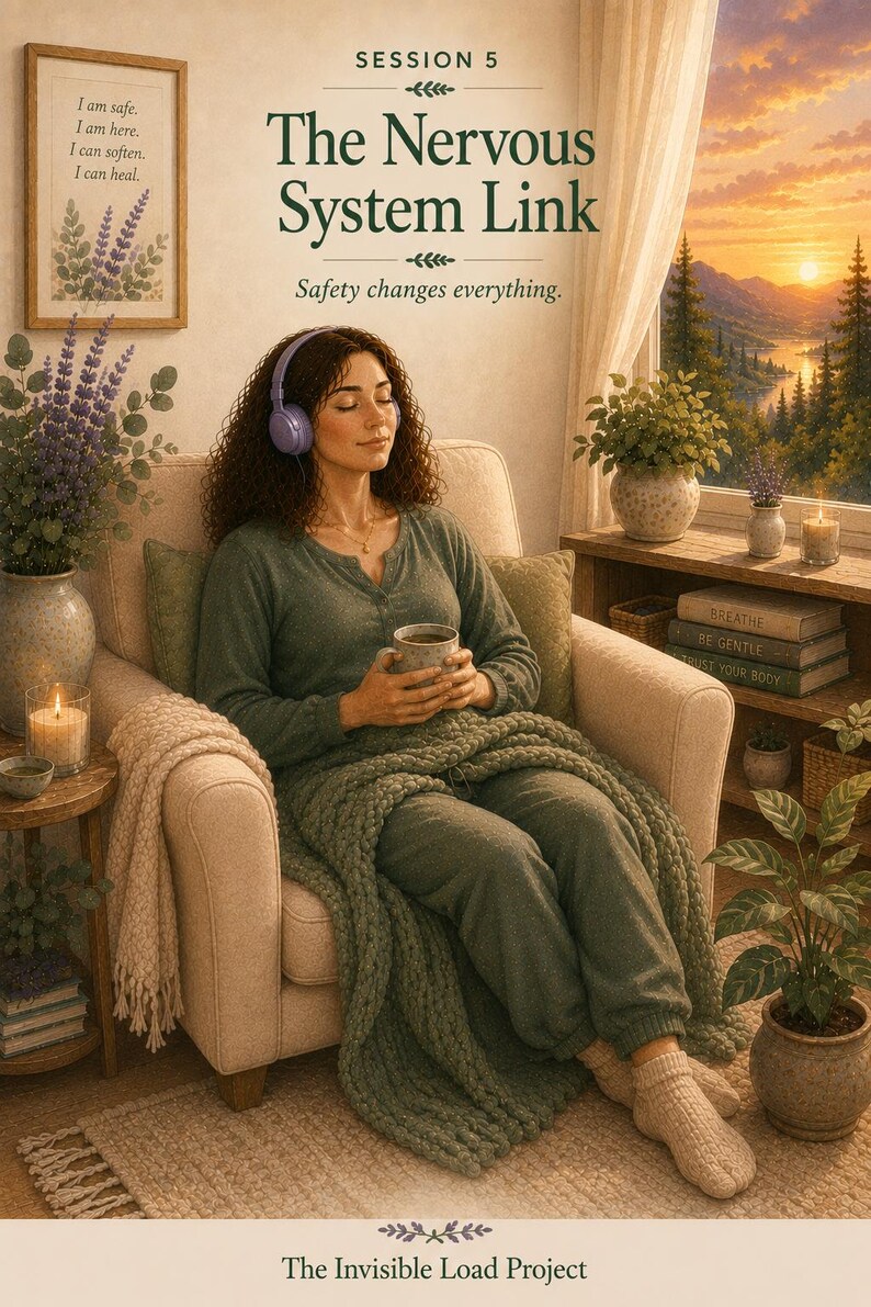 May include: A person sits in a beige armchair wearing a green long-sleeve shirt, matching pants, and beige socks, covered by a chunky knit green blanket. They wear purple headphones and hold a mug. Text reads: SESSION 5 The Nervous System Link.