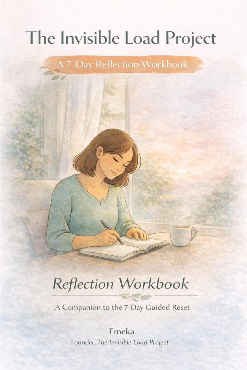 May include: A soft-toned illustration of a person writing in a book titled The Invisible Load Project: A 7-Day Reflection Workbook. The cover includes the text Reflection Workbook, A Companion to the 7-Day Guided Reset, and Emeka, Founder, The Invisible Load Project.