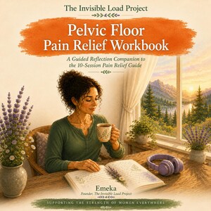 May include: The Pelvic Floor Pain Relief Workbook by Emeka, a guided reflection companion to the 10-Session Pain Relief Guide. The cover features a person in a green shirt holding a mug, an open book with lavender, and purple headphones.