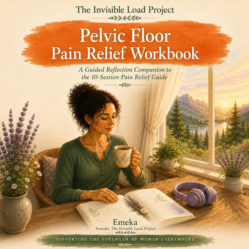 May include: The Pelvic Floor Pain Relief Workbook by Emeka, a guided reflection companion to the 10-Session Pain Relief Guide. The cover features a person in a green shirt holding a mug, an open book with lavender, and purple headphones.