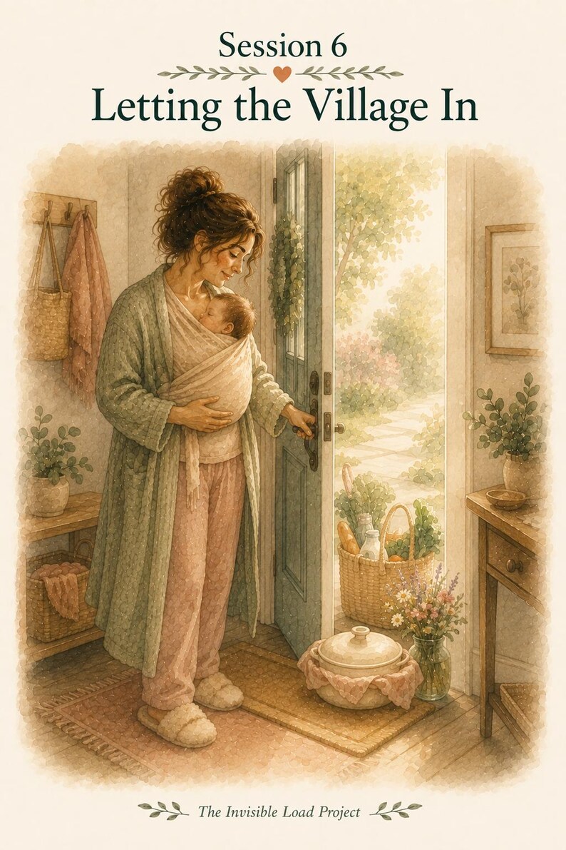 Peut inclure: Une illustration num&eacute;rique intitul&eacute;e Session 6 Letting the Village In et The Invisible Load Project. Elle repr&eacute;sente une personne en peignoir vert et pantalon rose portant un nourrisson dans une &eacute;charpe beige, ouvrant une porte sur un jardin.