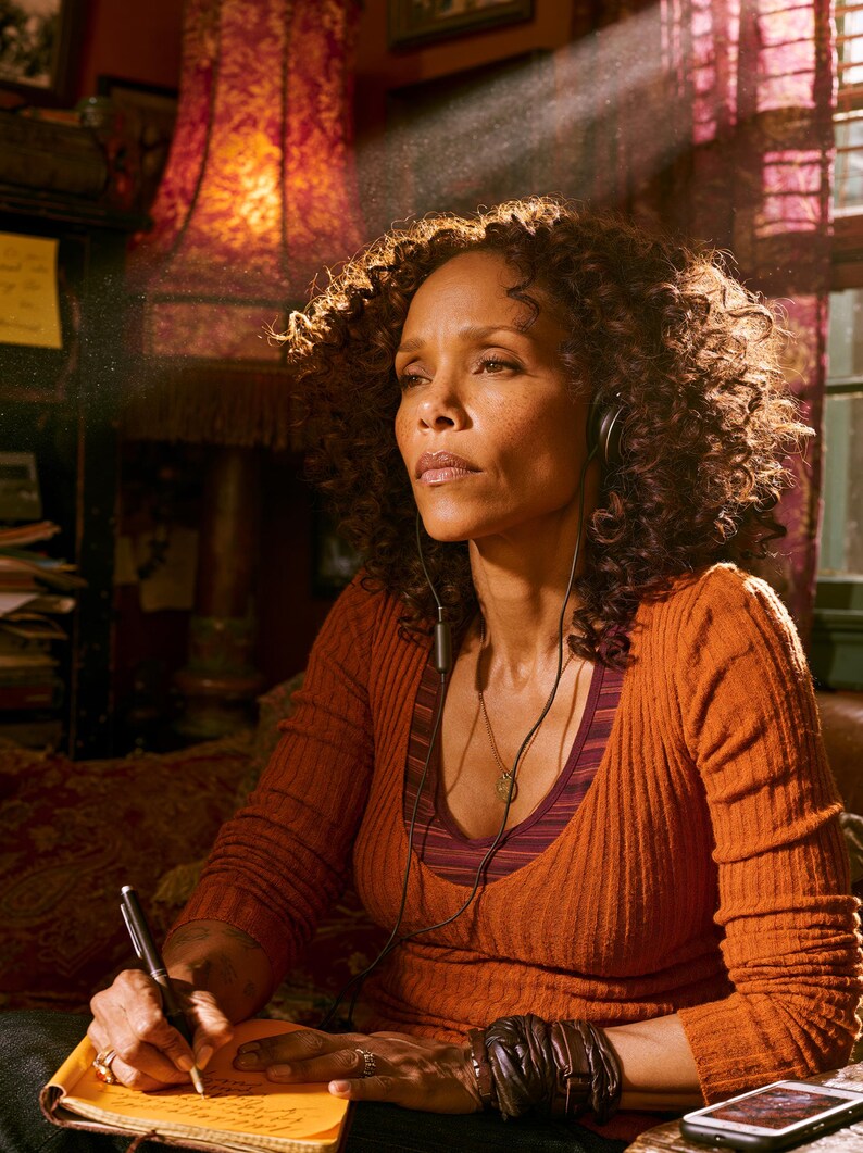 May include: A person with curly dark hair wearing a ribbed orange long-sleeve shirt and a dark striped tank top underneath. They are wearing black wired headphones, a necklace, and stacked bracelets while writing in a yellow notebook with a black pen.