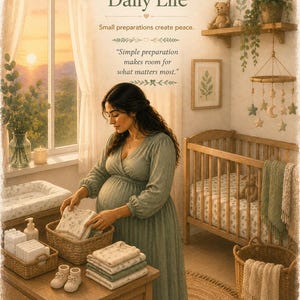 May include: A poster titled Session 4 Preparing for Daily Life featuring a pregnant person in a green dress organizing baby clothes in a nursery. The text reads Small preparations create peace and Simple preparation makes room for what matters most.