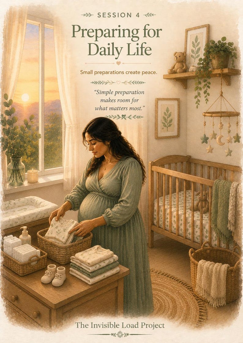 May include: A poster titled Session 4 Preparing for Daily Life featuring a pregnant person in a green dress organizing baby clothes in a nursery. The text reads Small preparations create peace and Simple preparation makes room for what matters most.
