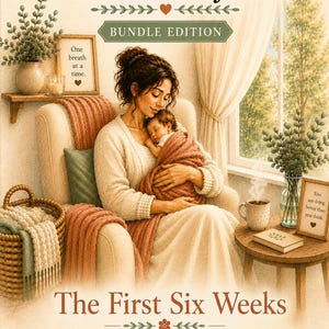 Peut inclure: Une couverture de livre intitul&eacute;e The Invisible Load Project Bundle Edition The First Six Weeks illustrant une personne tenant un b&eacute;b&eacute; dans un fauteuil, avec le texte A Gentle Postpartum Guide for New Moms et Supporting the Strength of Women Everywhere.