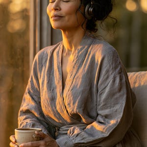 May include: A grey linen robe with long sleeves and a wrap-front design, featuring a tie waist and a textured fabric finish. The garment is worn with dark grey headphones and is held alongside a beige ceramic mug with a handle.