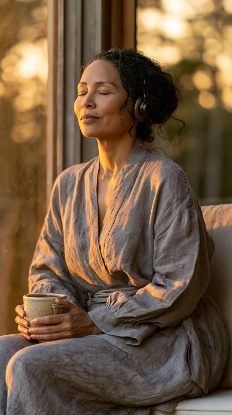 May include: A grey linen robe with long sleeves and a wrap-front design, featuring a tie waist and a textured fabric finish. The garment is worn with dark grey headphones and is held alongside a beige ceramic mug with a handle.
