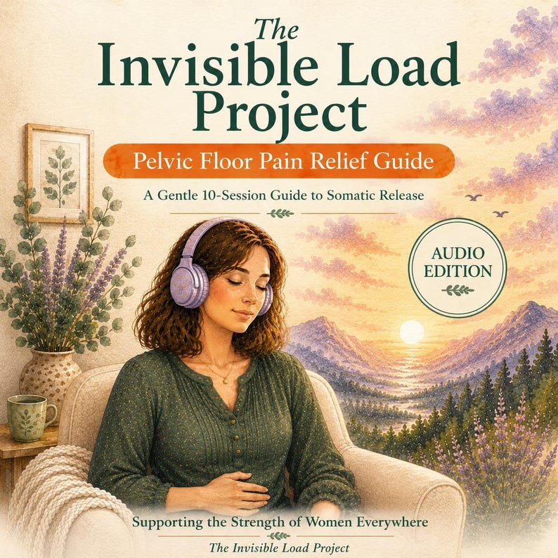 May include: A book cover titled The Invisible Load Project Pelvic Floor Pain Relief Guide A Gentle 10-Session Guide to Somatic Release featuring an illustration of a person with headphones sitting in a chair with a mountain landscape background.