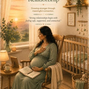 Peut inclure: Une affiche intitul&eacute;e Session 3 Preparing Your Relationship avec du texte sur la connexion. Une personne enceinte est assise dans une chaise &agrave; bascule en bois avec un livre. La pi&egrave;ce comprend un berceau, une fen&ecirc;tre et des d&eacute;corations.