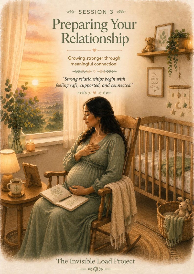 Peut inclure: Une affiche intitul&eacute;e Session 3 Preparing Your Relationship avec du texte sur la connexion. Une personne enceinte est assise dans une chaise &agrave; bascule en bois avec un livre. La pi&egrave;ce comprend un berceau, une fen&ecirc;tre et des d&eacute;corations.