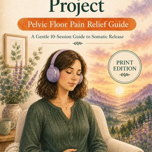 May include: A book cover titled The Invisible Load Project: Pelvic Floor Pain Relief Guide, A Gentle 10-Session Guide to Somatic Release. It features an illustration of a person with brown hair wearing purple headphones, sitting in a chair.