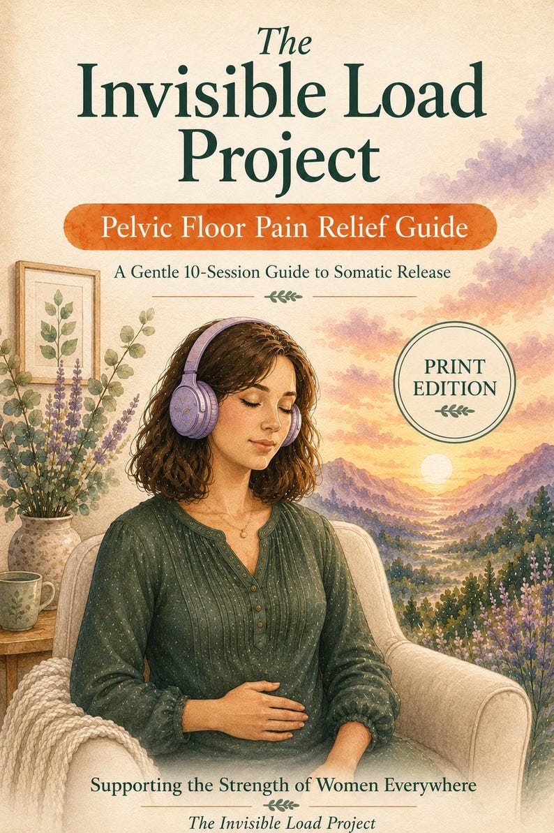 May include: A book cover titled The Invisible Load Project: Pelvic Floor Pain Relief Guide, A Gentle 10-Session Guide to Somatic Release. It features an illustration of a person with brown hair wearing purple headphones, sitting in a chair.
