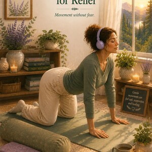 May include: A person in a green long-sleeve shirt and beige sweatpants performs a yoga pose on a green mat while wearing purple headphones. The image includes text: SESSION 7, Gentle Movement for Relief, Movement without fear, and The Invisible Load Project.