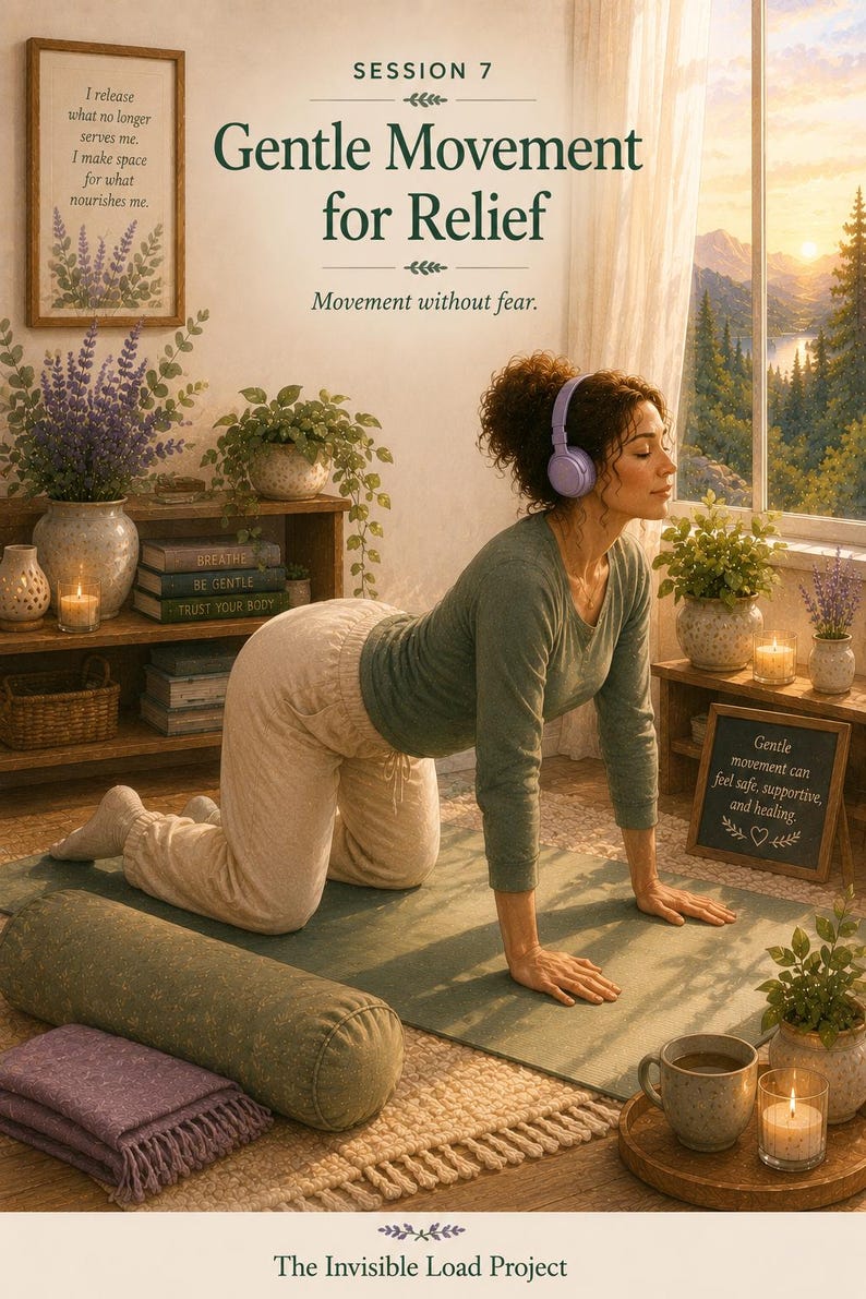 May include: A person in a green long-sleeve shirt and beige sweatpants performs a yoga pose on a green mat while wearing purple headphones. The image includes text: SESSION 7, Gentle Movement for Relief, Movement without fear, and The Invisible Load Project.