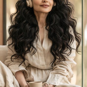 May include: A person with long dark wavy hair wearing beige over-ear headphones and a light beige linen long-sleeved shirt, holding a plain beige ceramic mug with both hands while sitting with eyes closed in a relaxed posture.