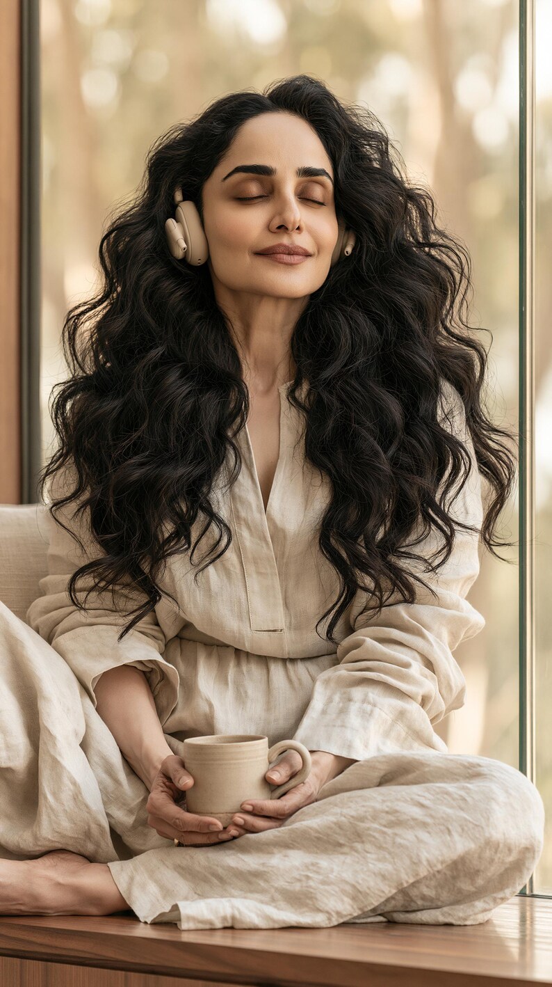 May include: A person with long dark wavy hair wearing beige over-ear headphones and a light beige linen long-sleeved shirt, holding a plain beige ceramic mug with both hands while sitting with eyes closed in a relaxed posture.