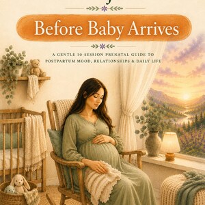 Puede incluir: Una portada de libro titulada The Invisible Load Project: Before Baby Arrives, A Gentle 10-Session Prenatal Guide to Postpartum Mood, Relationships & Daily Life. La ilustraci&oacute;n muestra a una persona embarazada con vestido verde en una mecedora.