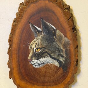 May include: A hand-painted portrait of a bobcat in profile on a natural wood slice with rough, textured bark edges. The bobcat features detailed brown and black fur, pointed ears with tufts, and amber eyes. The artist signature S. Jones is visible.