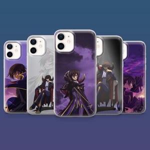May include: Five clear smartphone cases featuring various anime-style illustrations of a character with dark hair wearing a purple and black outfit with a high collar, set against backgrounds of purple skies, clouds, and indoor settings.