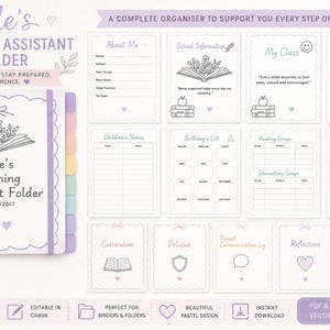 Puede incluir: Una carpeta para asistente de enseñanza con encuadernación en espiral, cubierta de color morado claro, ilustración de un libro floral y el texto Jade's Teaching Assistant Folder 2026/2027. Incluye varias plantillas de páginas imprimibles.