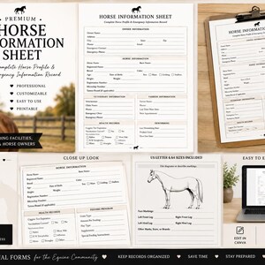 Puede incluir: Una plantilla digital de hoja de información equina con secciones para datos del propietario, perfil del caballo, información veterinaria y de herrador, registros de salud y un diagrama para marcas. Disponible en US Letter y A4.