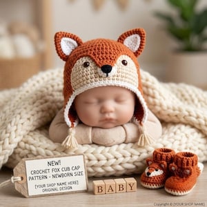 May include: A crochet fox cub cap with orange and cream yarn, featuring pointed ears, a black nose, and two cream-colored tassels. Beside it are matching orange and cream crochet booties and a tag reading NEW! CROCHET FOX CUB CAP PATTERN.