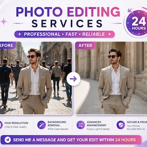 May include: A digital graphic advertising photo editing services with a before and after comparison of a person in a beige suit. The text includes PHOTO EDITING SERVICES, 24 HOURS, PROFESSIONAL, FAST, RELIABLE, and SEND ME A MESSAGE AND GET YOUR EDIT WITHIN 24 HOURS.