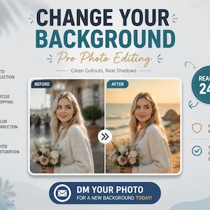 Może przedstawiać: Cyfrowa reklama profesjonalnych usług edycji zdjęć z tekstem CHANGE YOUR BACKGROUND oraz Pro Photo Editing. Przedstawia porównanie przed i po edycji osoby trzymającej bukiet kwiatów oraz ikony funkcji edycji.