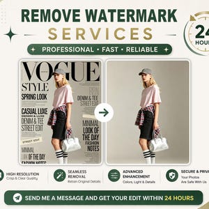 May include: A digital service advertisement titled REMOVE WATERMARK SERVICES featuring a before and after comparison of a magazine cover. The image shows a person in a pink t-shirt, black shorts, and a silver bag, with text indicating 24-hour delivery.