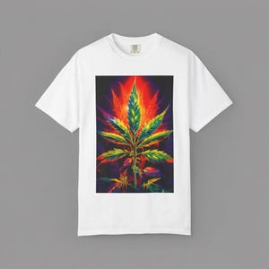 Psychedelic Weed T-Shirt, Trippy Cannabis Leaf Graphic Tee, 420 Stoner Gift Shirt, Fiery Pot Leaf Top, Colorful Reggae Festival Outfit