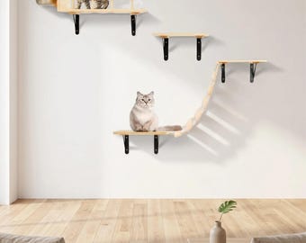 Kitty Climbing Wall Kit | 5 Pieces - Wood Cat Shelves with Bridge| Ladder Steps| Sturdy Space-Saving Cat Furniture| Kitten Wall Furniture