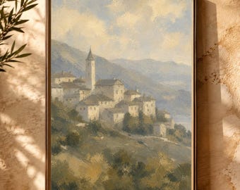 Italian Village Wall Art: Lakeside Hill Town Oil Painting Print