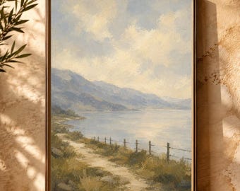 Northern Italy Wall Art: Lakeside Path Vintage Oil Painting Print